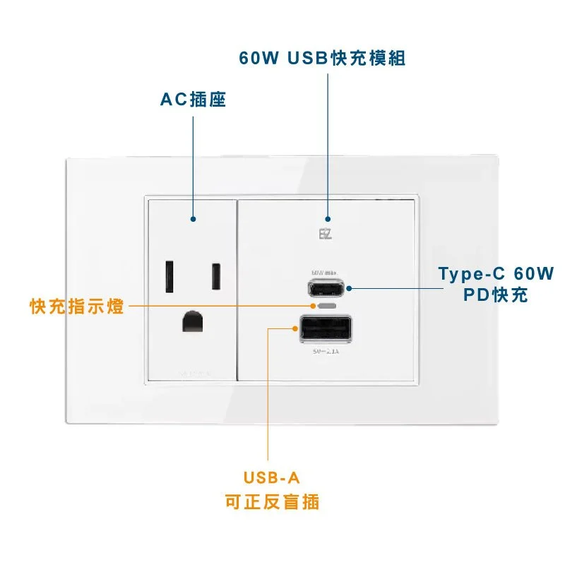 USB插座-易智60W 快充插座 金屬拉絲/鋼化玻璃面板:圖片 5